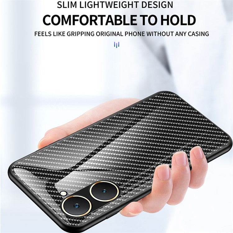 For vivo Y03 Tempered Glass Case Carbon Fiber Texture Anti-Drop Phone Cover - Black Fiber