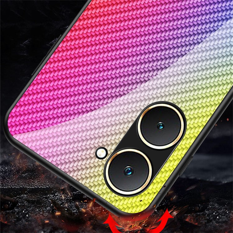 For vivo Y03 Tempered Glass Case Carbon Fiber Texture Anti-Drop Phone Cover - Black Fiber