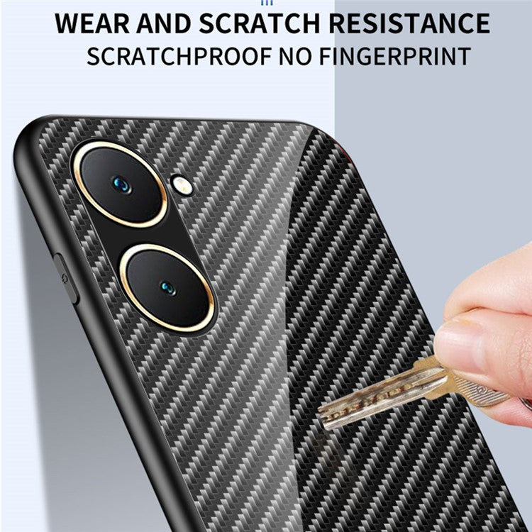 For vivo Y03 Tempered Glass Case Carbon Fiber Texture Anti-Drop Phone Cover - Black Fiber