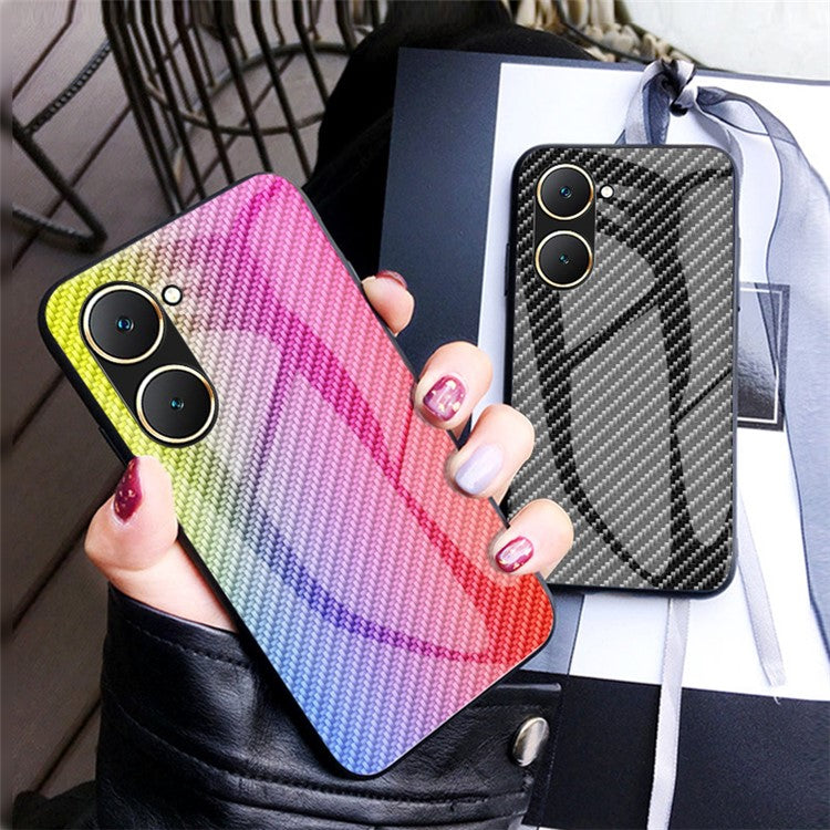 For vivo Y03 Tempered Glass Case Carbon Fiber Texture Anti-Drop Phone Cover - Black Fiber