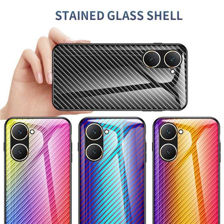 For vivo Y03 Tempered Glass Case Carbon Fiber Texture Anti-Drop Phone Cover - Black Fiber