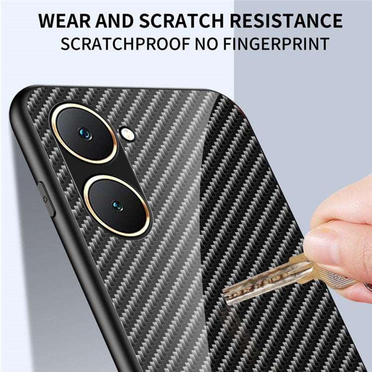 For vivo Y03 Tempered Glass Case Carbon Fiber Texture Anti-drop Phone Cover - Golden Fiber