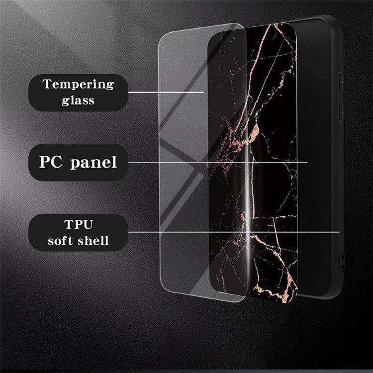 For vivo Y03 Printed Phone Case Tempered Glass+PC Back Cover with TPU Edges - Black Marble