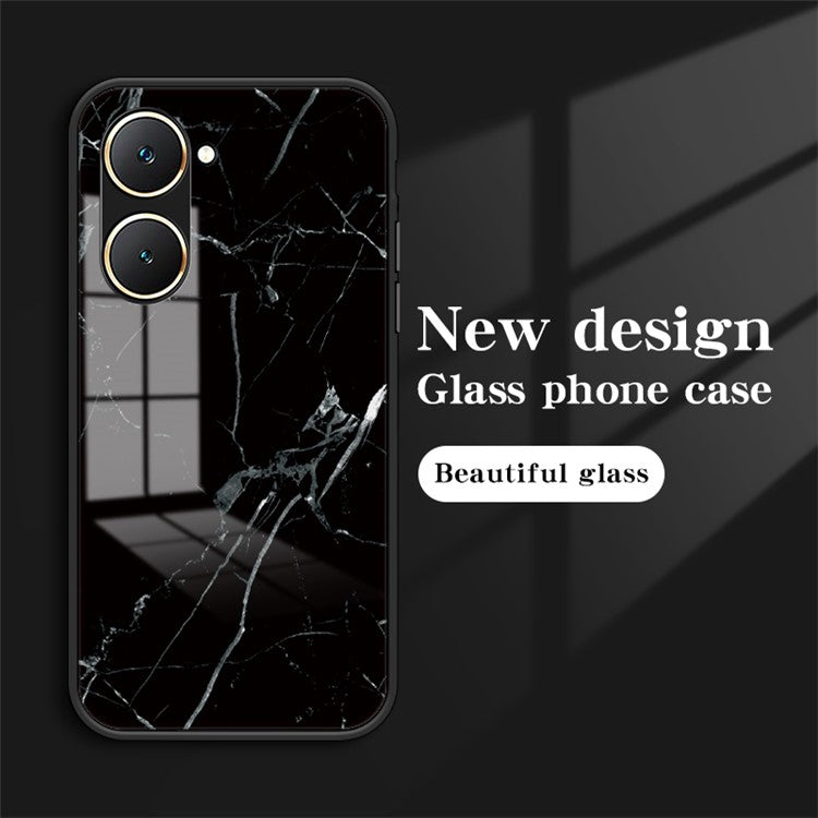 For vivo Y03 Printed Phone Case Tempered Glass+PC Back Cover with TPU Edges - Black Marble