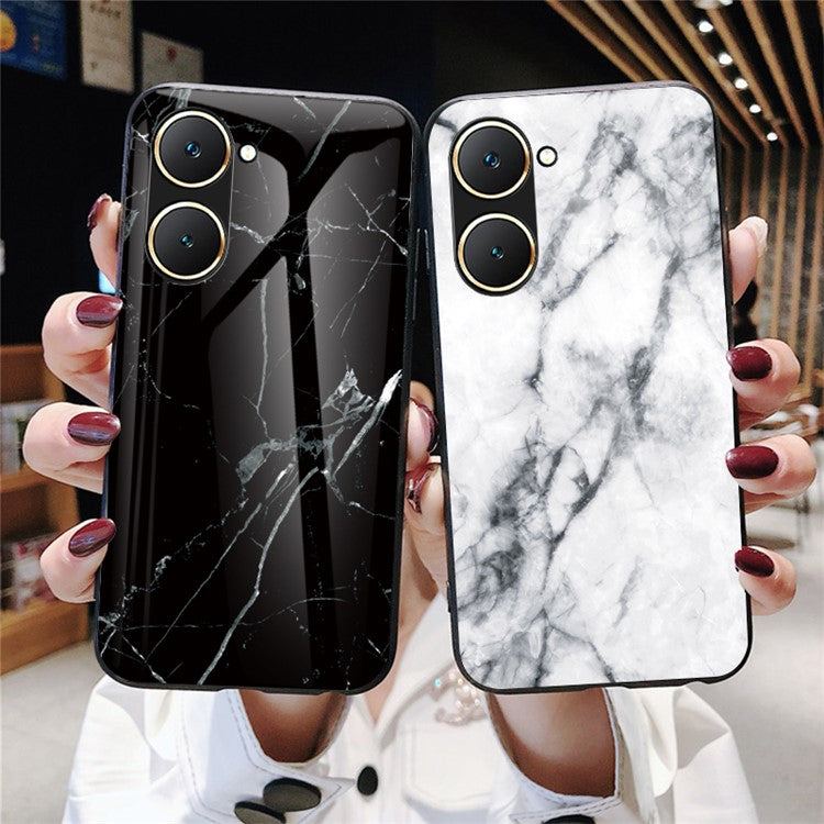 For vivo Y03 Printed Phone Case Tempered Glass+PC Back Cover with TPU Edges - Black Marble