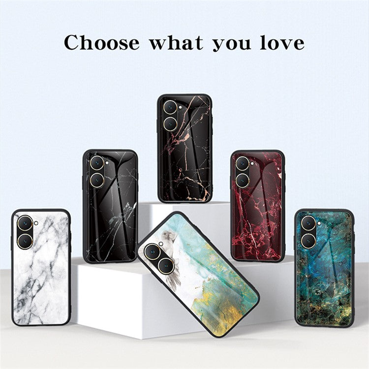 For vivo Y03 Printed Phone Case Tempered Glass+PC Back Cover with TPU Edges - Black Marble