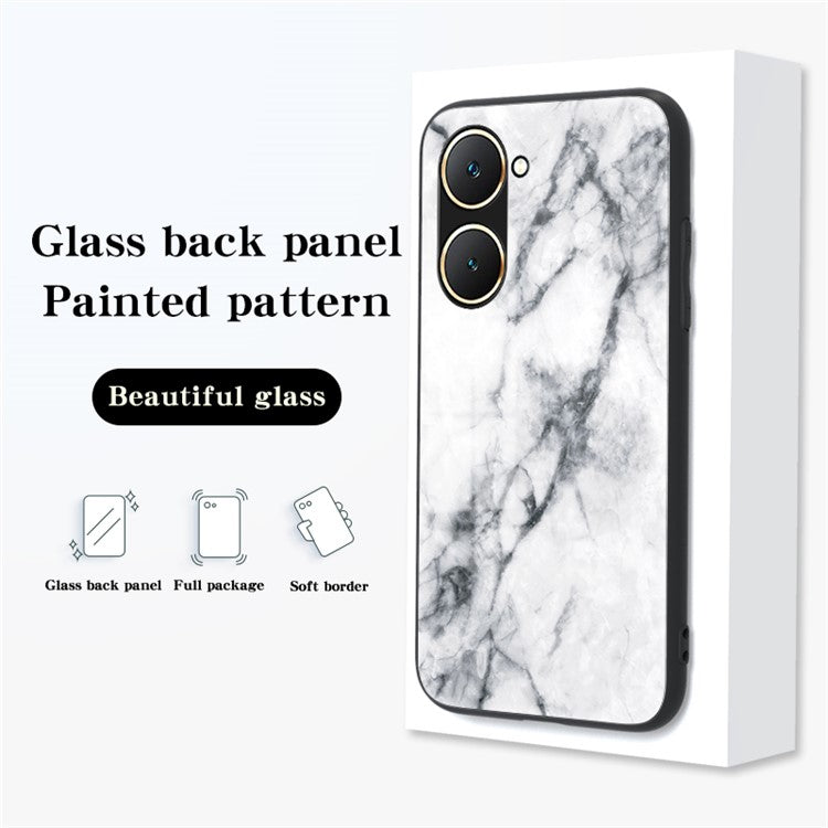 For vivo Y03 Printed Phone Case Tempered Glass+PC Back Cover with TPU Edges - Black Marble