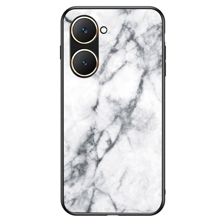 For vivo Y03 Printed Phone Case Tempered Glass+PC Back Cover with TPU Edges - White Marble