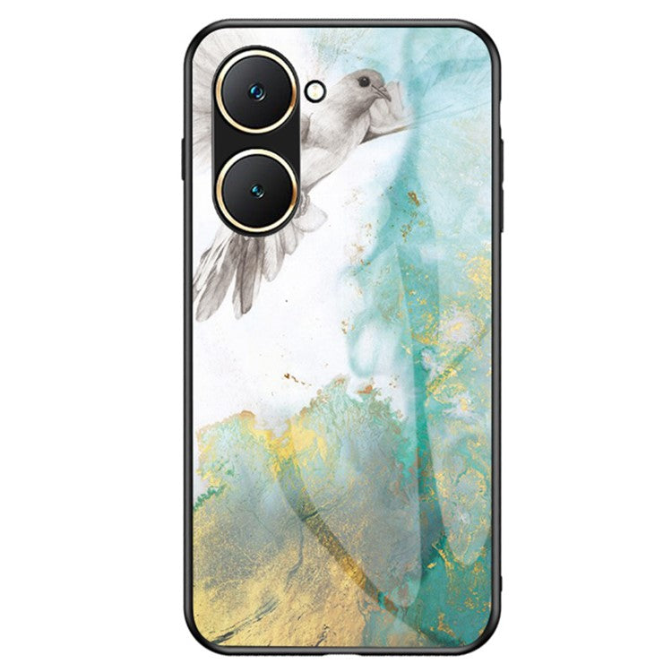 For vivo Y03 Printed Phone Case Tempered Glass+PC Back Cover with TPU Edges - Flying Pigeon Marble