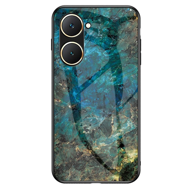 For vivo Y03 Printed Phone Case Tempered Glass+PC Back Cover with TPU Edges - Emerald Marble