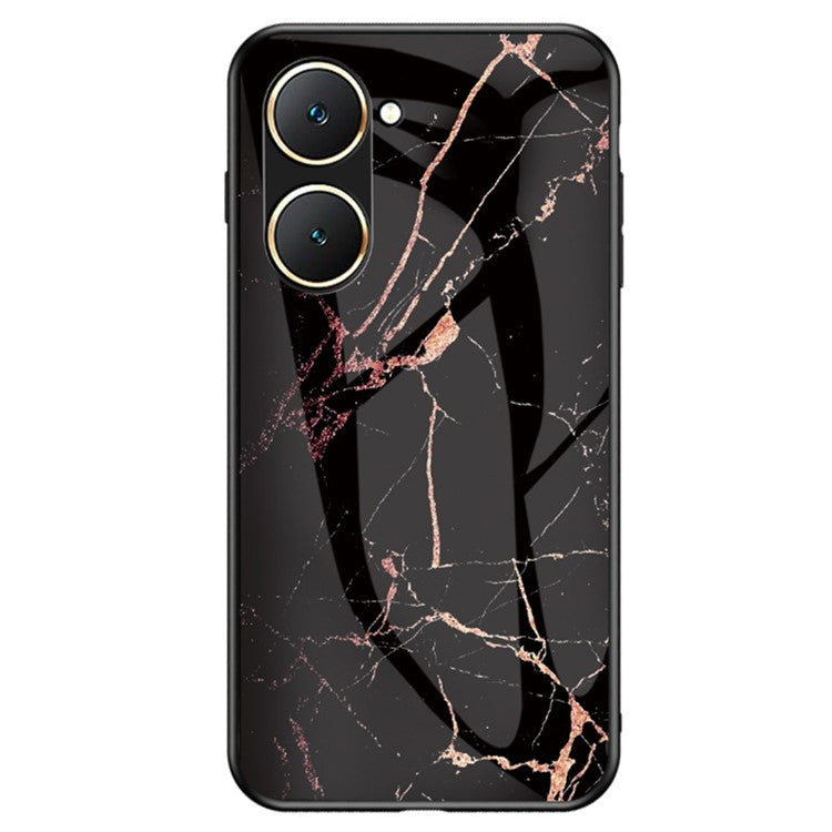 For vivo Y03 Printed Phone Case Tempered Glass+PC Back Cover with TPU Edges - Gold Black Marble