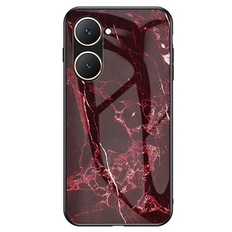 For vivo Y03 Printed Phone Case Tempered Glass+PC Back Cover with TPU Edges - Blood Red Marble