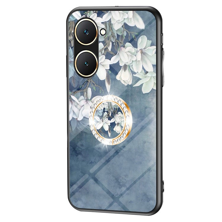 For vivo Y03 Case Tempered Glass Pattern Printing Phone Cover with Ring Kickstand - Chinese Rose