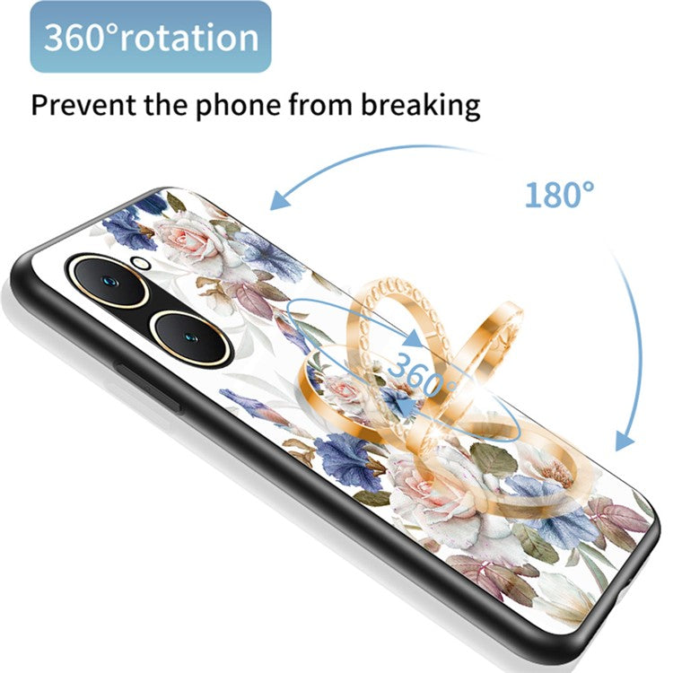 For vivo Y03 Case Tempered Glass Pattern Printing Phone Cover with Ring Kickstand - Chinese Rose