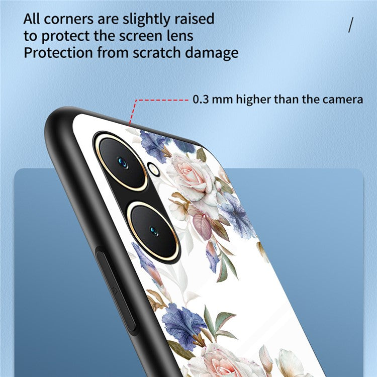 For vivo Y03 Case Tempered Glass Pattern Printing Phone Cover with Ring Kickstand - Chinese Rose