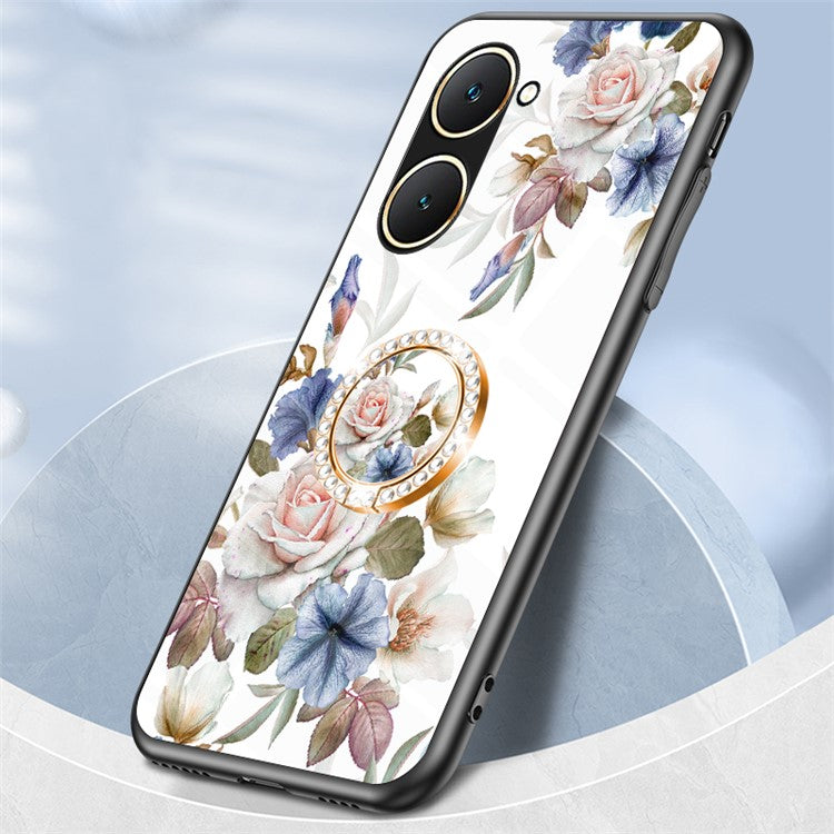 For vivo Y03 Case Tempered Glass Pattern Printing Phone Cover with Ring Kickstand - Chinese Rose