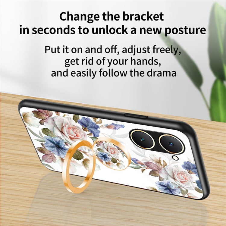 For vivo Y03 Case Tempered Glass Pattern Printing Phone Cover with Ring Kickstand - Chinese Rose