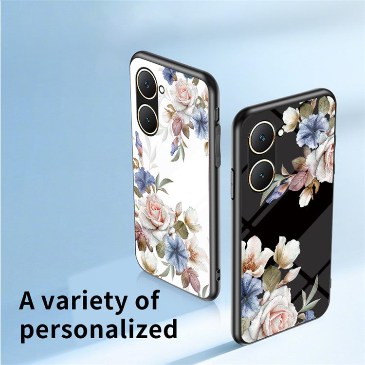 For vivo Y03 Case Tempered Glass Pattern Printing Phone Cover with Ring Kickstand - Chinese Rose