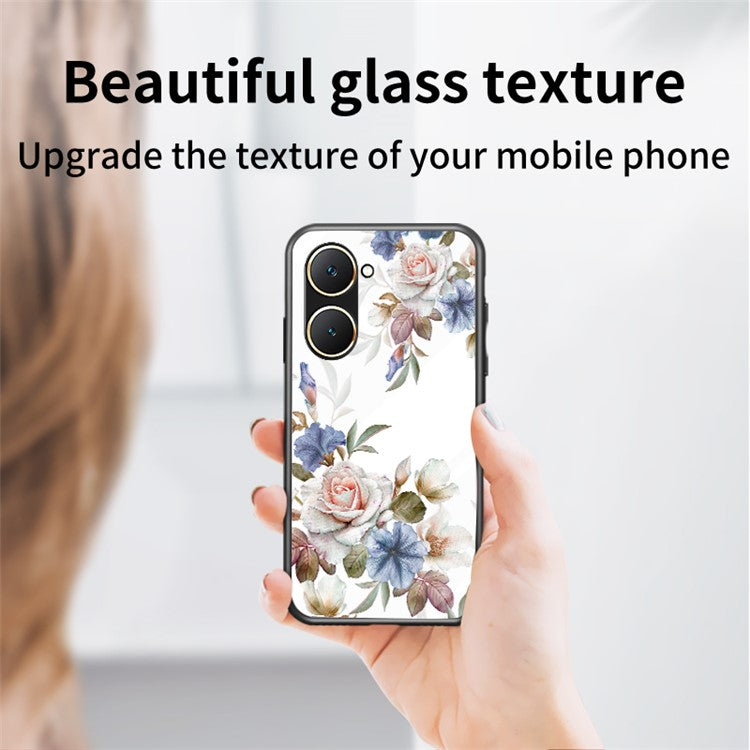 For vivo Y03 Case Tempered Glass Pattern Printing Phone Cover with Ring Kickstand - Chinese Rose