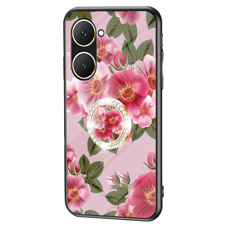 For vivo Y03 Case Tempered Glass Pattern Printing Phone Cover with Ring Kickstand - Glamorous Peony