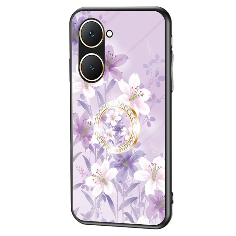 For vivo Y03 Case Tempered Glass Pattern Printing Phone Cover with Ring Kickstand - Purple Magnolia