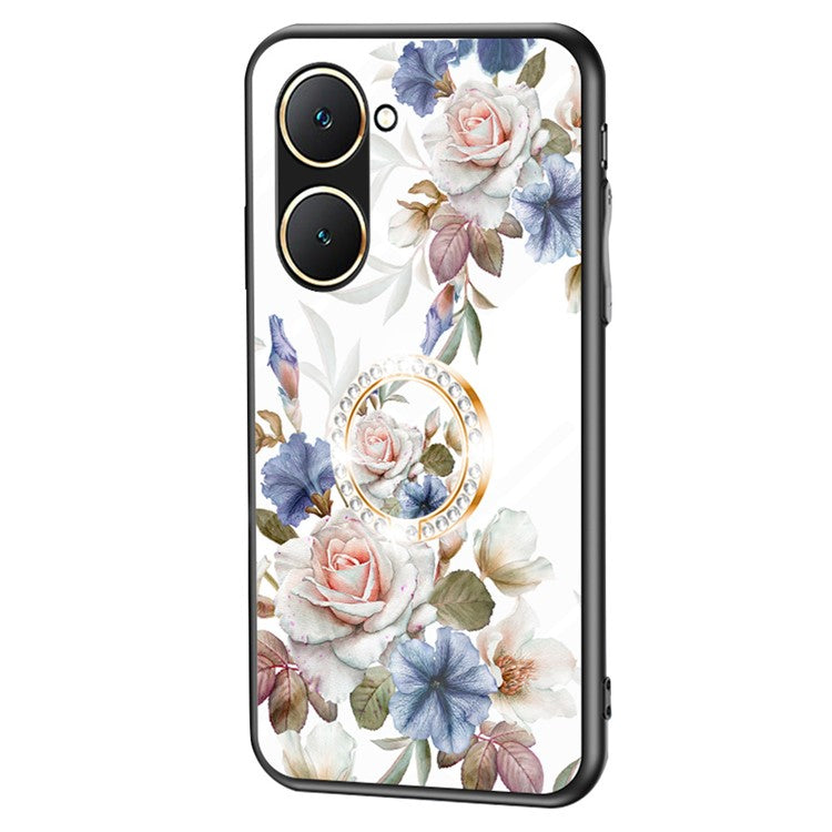 For vivo Y03 Case Tempered Glass Pattern Printing Phone Cover with Ring Kickstand - White Flower Bush