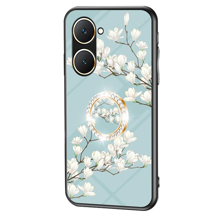 For vivo Y03 Case Tempered Glass Pattern Printing Phone Cover with Ring Kickstand - Gardenias