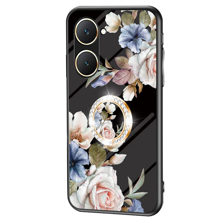 For vivo Y03 Case Tempered Glass Pattern Printing Phone Cover with Ring Kickstand - Black Flower Bush