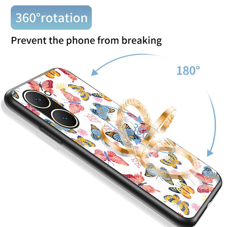 For vivo Y03 Case Butterfly Pattern Tempered Glass Phone Cover Rotation Finger Holder - Brilliant Butterfly