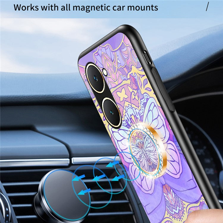 For vivo Y03 Case Butterfly Pattern Tempered Glass Phone Cover Rotation Finger Holder - Brilliant Butterfly