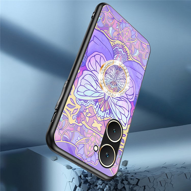 For vivo Y03 Case Butterfly Pattern Tempered Glass Phone Cover Rotation Finger Holder - Brilliant Butterfly