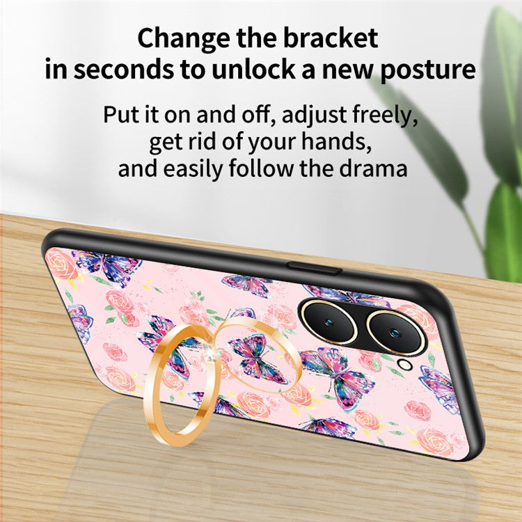 For vivo Y03 Case Butterfly Pattern Tempered Glass Phone Cover Rotation Finger Holder - Brilliant Butterfly