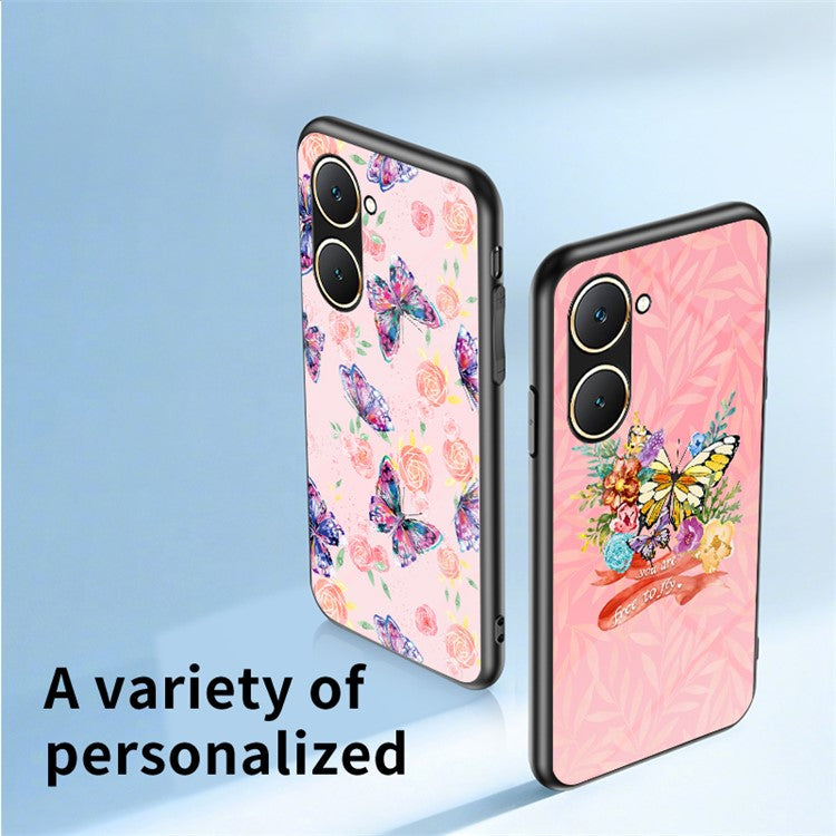 For vivo Y03 Case Butterfly Pattern Tempered Glass Phone Cover Rotation Finger Holder - Brilliant Butterfly