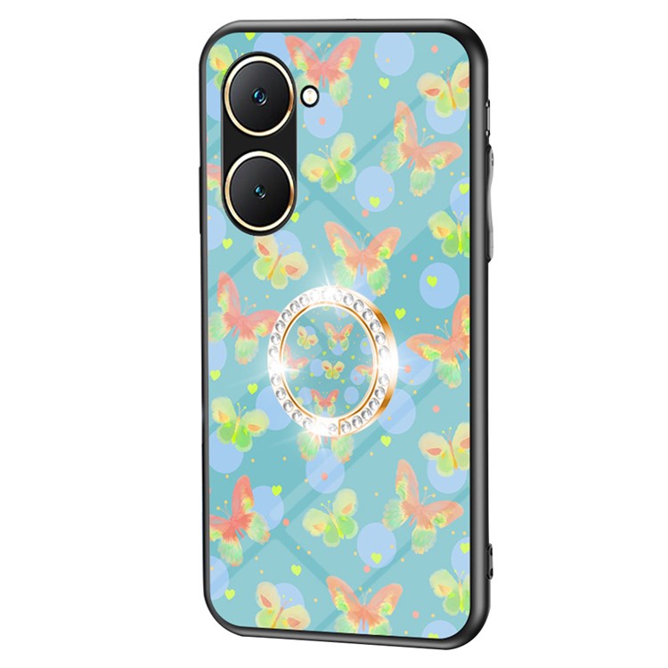 For vivo Y03 Case Butterfly Pattern Tempered Glass Phone Cover Rotation Finger Holder - Lush Butterfly