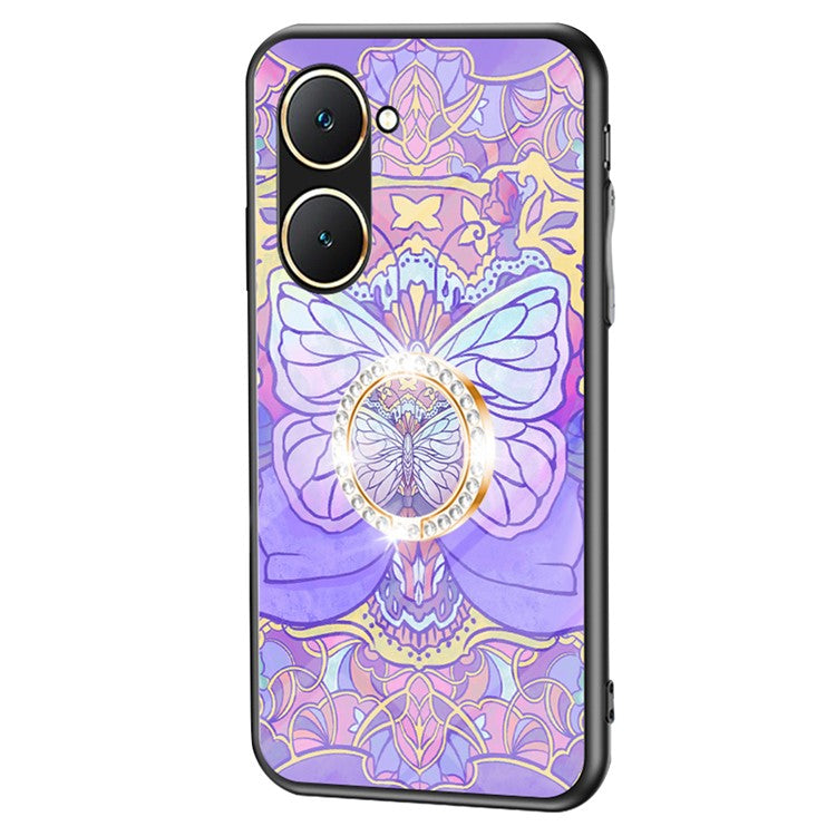 For vivo Y03 Case Butterfly Pattern Tempered Glass Phone Cover Rotation Finger Holder - Phantom Butterfly