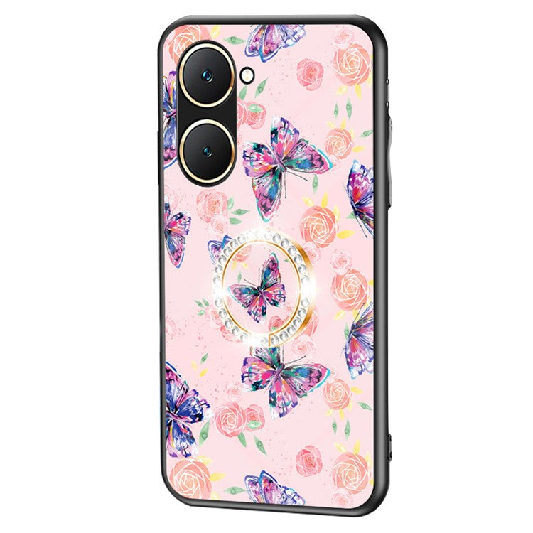 For vivo Y03 Case Butterfly Pattern Tempered Glass Phone Cover Rotation Finger Holder - Rose Butterfly