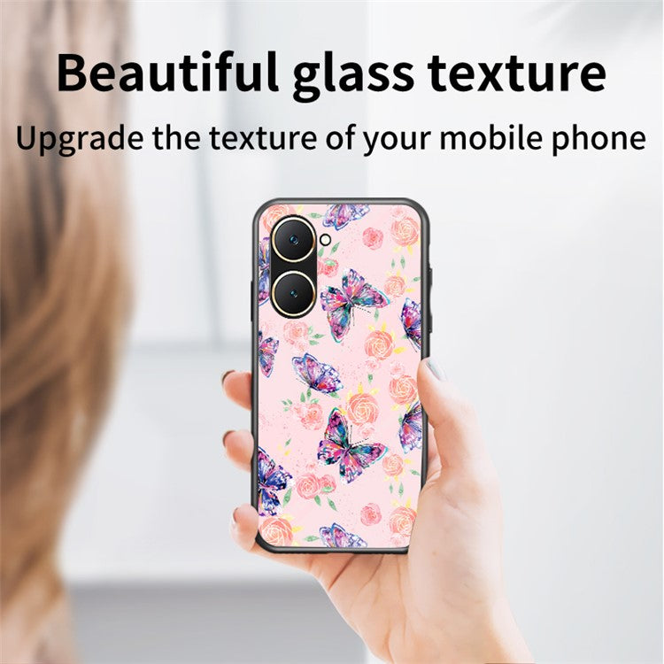 For vivo Y03 Case Butterfly Pattern Tempered Glass Phone Cover Rotation Finger Holder - Rose Butterfly