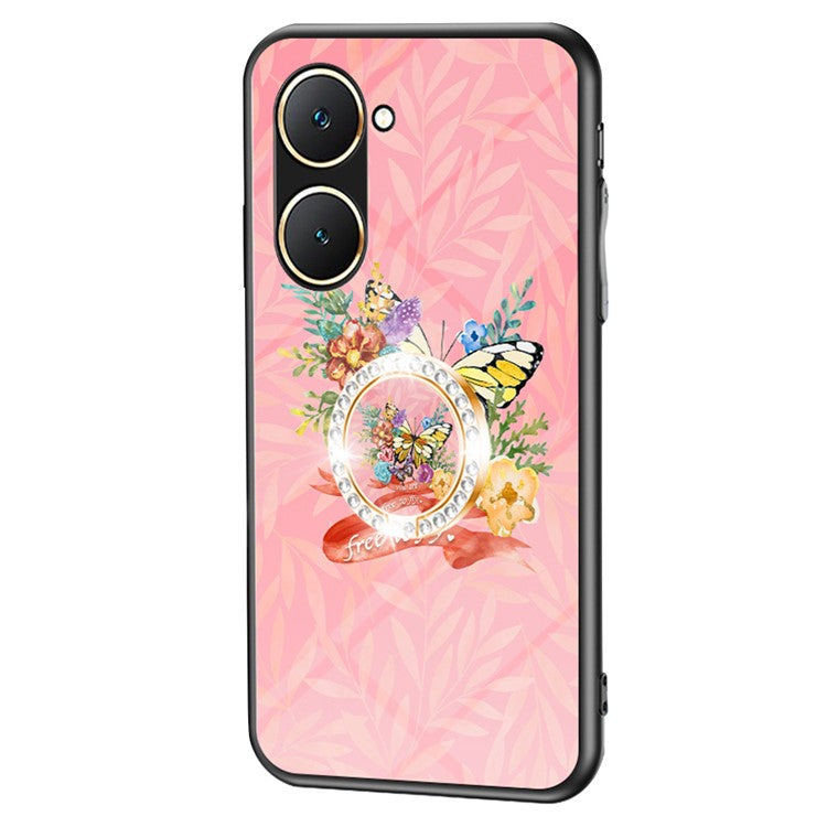 For vivo Y03 Case Butterfly Pattern Tempered Glass Phone Cover Rotation Finger Holder - Flower Bush Butterfly