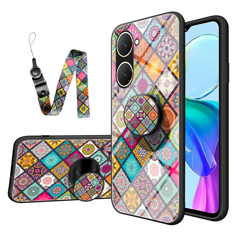 For vivo Y03 Case Kickstand Ethnic Pattern Tempered Glass+PC+TPU Phone Cover - Checkered Pattern