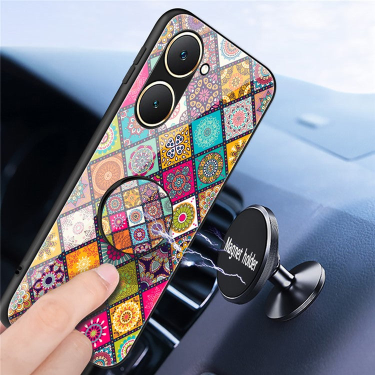 For vivo Y03 Case Kickstand Ethnic Pattern Tempered Glass+PC+TPU Phone Cover - Checkered Pattern