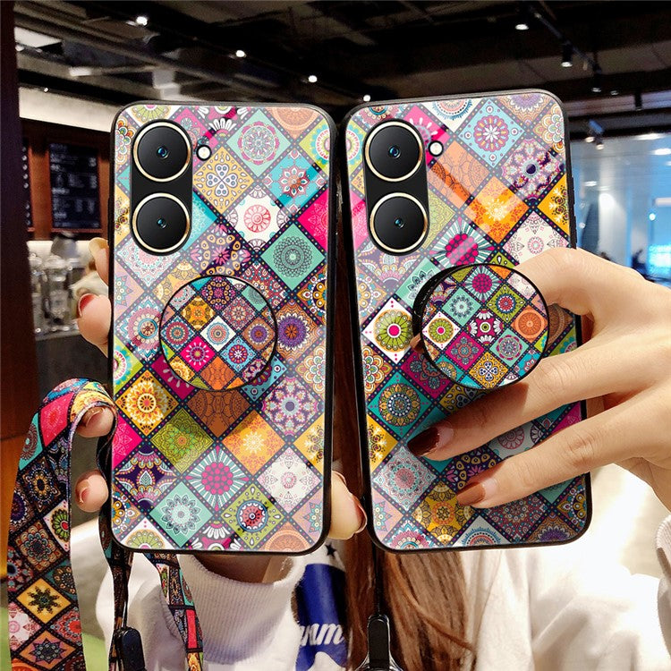 For vivo Y03 Case Kickstand Ethnic Pattern Tempered Glass+PC+TPU Phone Cover - Checkered Pattern