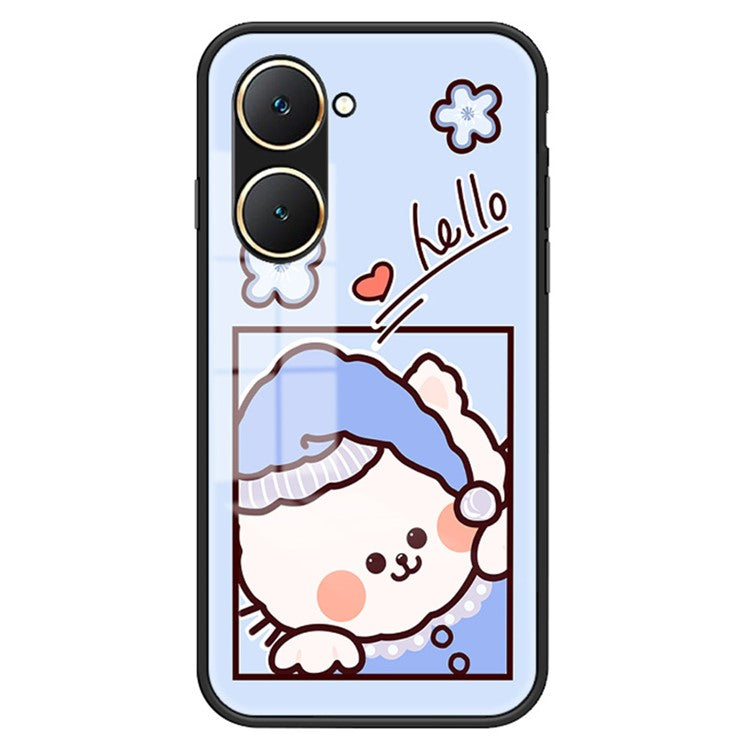 For vivo Y03 Cell Phone Case Tempered Glass Cartoon Animal Pattern Shell - Blue Cat