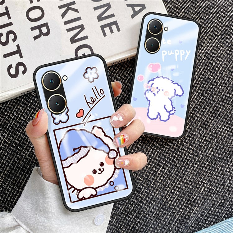 For vivo Y03 Cell Phone Case Tempered Glass Cartoon Animal Pattern Shell - Blue Cat