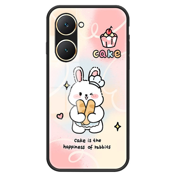 For vivo Y03 Cell Phone Case Tempered Glass Cartoon Animal Pattern Shell - Happy Rabbit