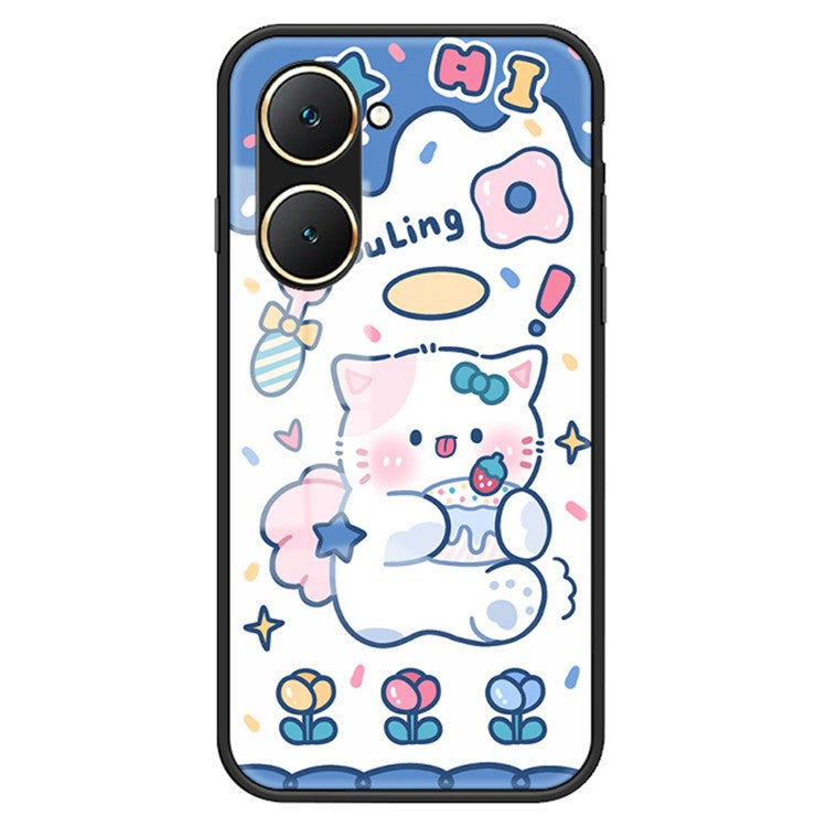 For vivo Y03 Cell Phone Case Tempered Glass Cartoon Animal Pattern Shell - Angel Cat