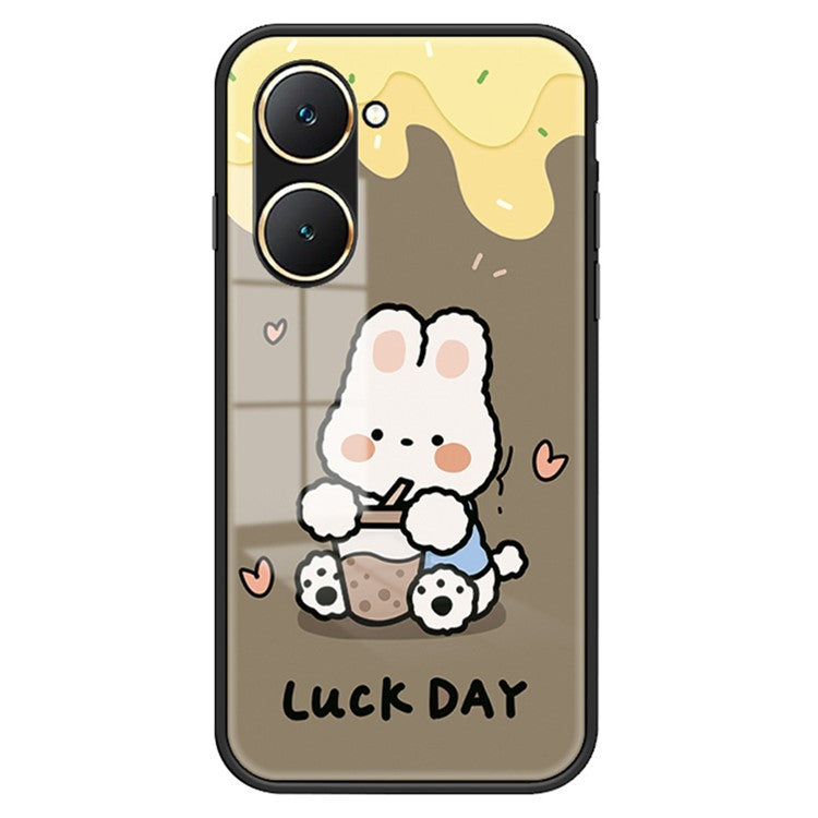 For vivo Y03 Cell Phone Case Tempered Glass Cartoon Animal Pattern Shell - Milk Tea Rabbit