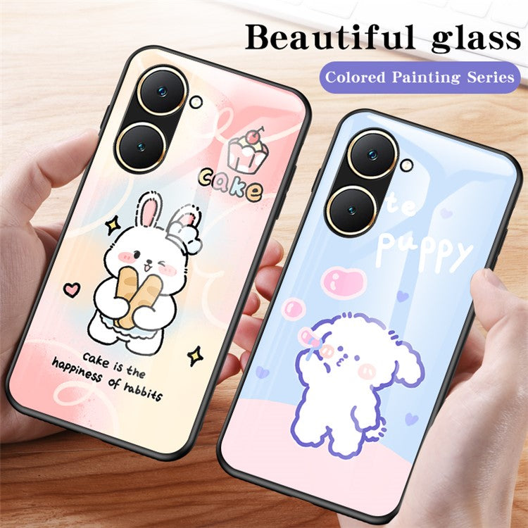 For vivo Y03 Cell Phone Case Tempered Glass Cartoon Animal Pattern Shell - Milk Tea Rabbit