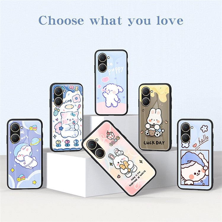 For vivo Y03 Cell Phone Case Tempered Glass Cartoon Animal Pattern Shell - Milk Tea Rabbit