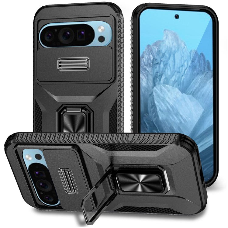 For Google Pixel 9 / Pixel 9 Pro Kickstand Case TPU+PC Phone Cover Support Magnetic Car Mount - Black