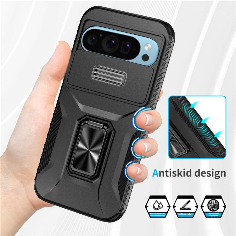 For Google Pixel 9 / Pixel 9 Pro Kickstand Case TPU+PC Phone Cover Support Magnetic Car Mount - Black